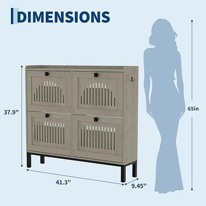 Garvee 4 Flip Drawer Shoe Cabinet with Adjustable Shelves, Hidden Shoe Organizer with Large Capacity, Freestanding Wooden Shoe Rack for Entryway, Hallway, Living Room, Washed Gray