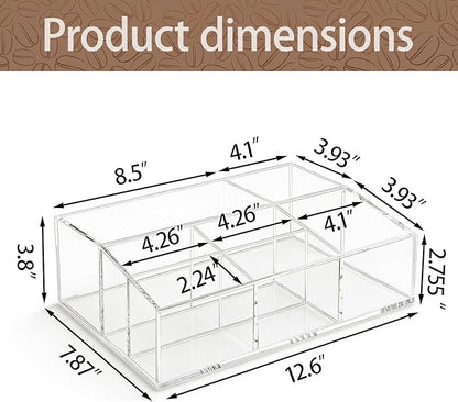 Coffee Station Organizer for Countertop - Clear Acrylic Coffee Bar Accessories and Organizer with Removable Dividers for Pods Condiment Syrup Tea Cups Stirrers Tea Bag - Farmhouse Table Decor