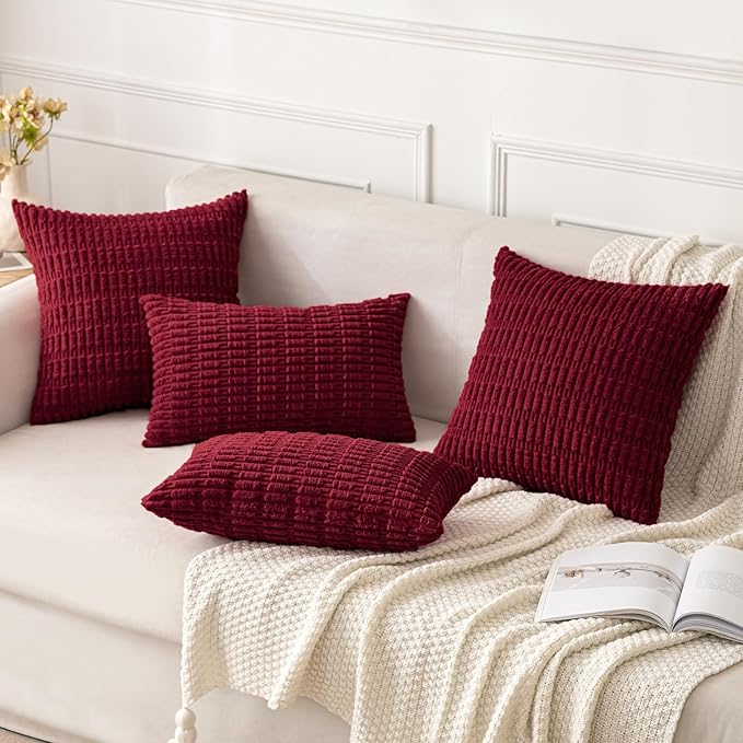 MIULEE Pack of 2 Burgundy Corduroy Decorative Pillow Covers 16x16 Inch Soft Boho Striped Throw Pillow Covers Modern Farmhouse Home Decor for Sofa Living Room Couch Bed
