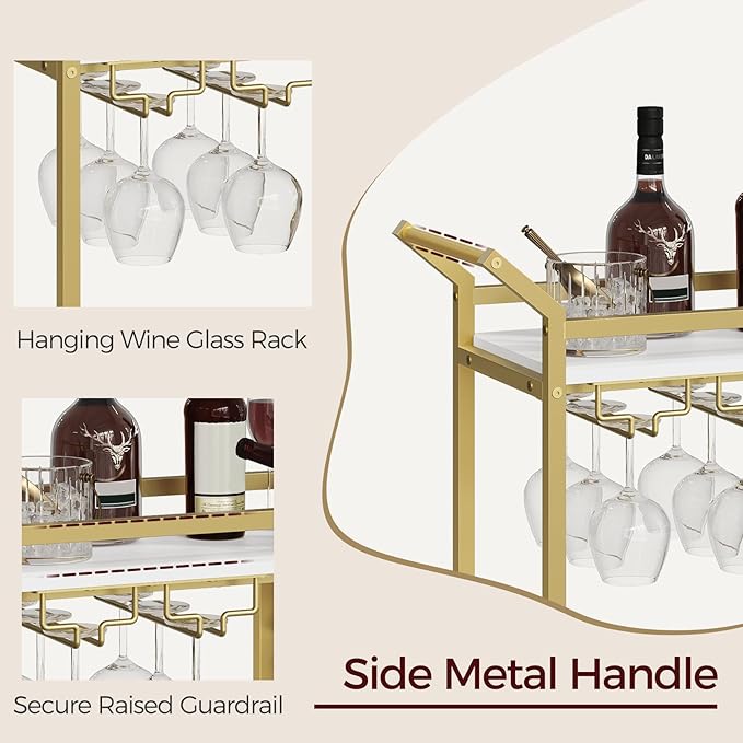 Bar Cart for Home, Gold Bar Cart with Wine Rack, Drink Cart with Wheels, Rolling Wine Cart with Glass Holder, Serving Cart for Kitchen, Gold and White RCJW18101