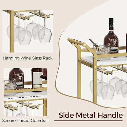 Bar Cart for Home, Gold Bar Cart with Wine Rack, Drink Cart with Wheels, Rolling Wine Cart with Glass Holder, Serving Cart for Kitchen, Gold and White RCJW18101
