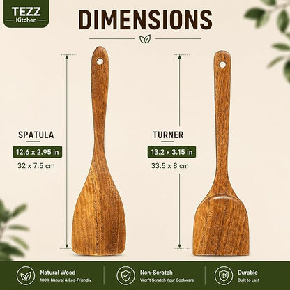 Wooden Spatulas, 2 PCs Natural Acacia Wooden Cooking Utensils Set for Non-stick Pan Kitchen Tool, flipping and Wok Spatula, Wooden Spoons & Spurtle for Cooking