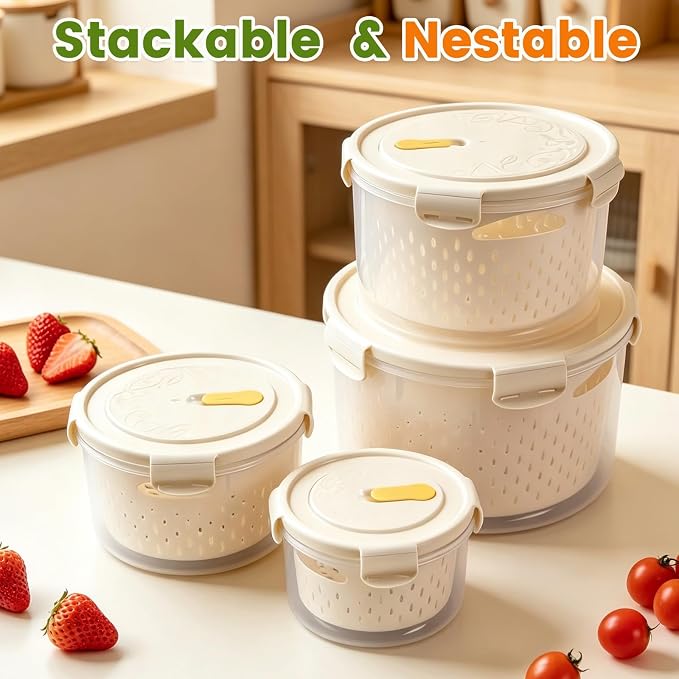 8 Pieces Airtight Fruit Storage Containers for Fridge with Air Circulation Vent, 4 Pack Round Produce Saver with Colander for Berry Lettuce Salad Vegetable Storage, Refrigerator Organizers -White