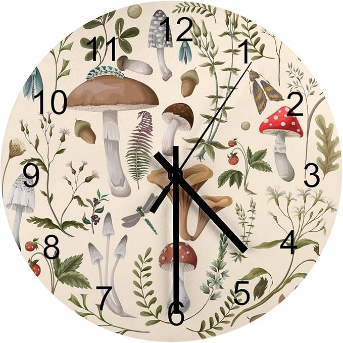 Botanical Wall Clock 12 Inch Silent Non Ticking Clock Wooden, Nature Cartoon Botanical Leaves Mushroom Plants Pattern Wall Clock Battery Operated Kitchen Bedroom Living Room Decor