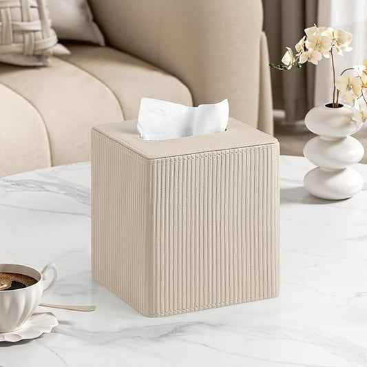 Tissue Box Cover Square with Magnetic Closure, PU Leather Tissue Box Holder for Bathroom NightStands Livingroom, Decorative Modern Square Tissue Holder (Beige)