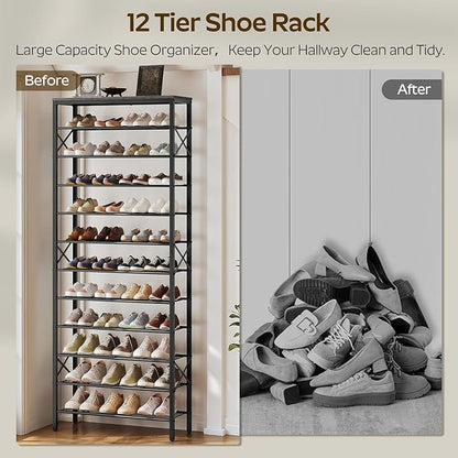 YATINEY 12 Tier Shoe Rack, Large Capacity Shoe Storage Organizer Holds 48 Pairs, Sturdy and Stable, for Entryway, Hallway, Closet, Dorm Room, Charcoal and Black SS12BC