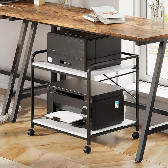 Warmiehomy 2 Tier Printer Stand with Storage, 22 Inches(55cm x 50cm) Under Desk Rolling Printer Cart with Height Adjustable Shelf, Large Printer Table for Home Office, White