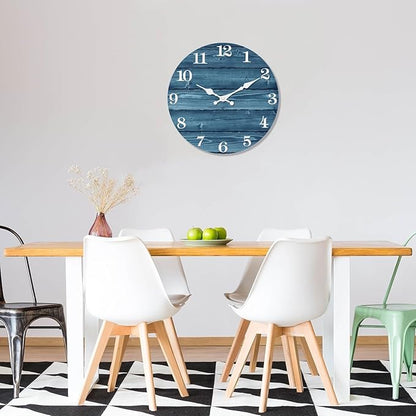 XFM Blue Wooden Wall Clock 14 Inch Silent Wall Clocks Battery Operated Decorative Farmhouse Rustic Wall Clock for Kitchen Living Room Office