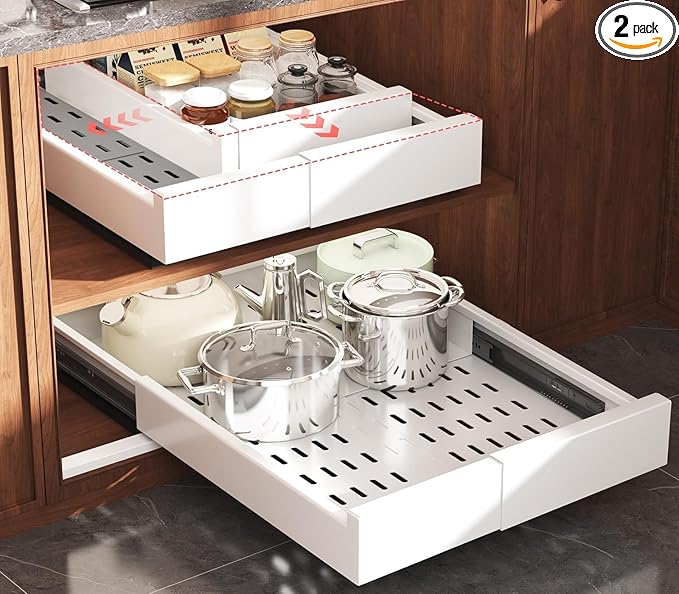 Seinloes Pull Out Cabinet Organizer,4-Side Expandable to Maximize Cabinet Space,Slide Out Drawers with 3 Rail Design,Roll Out Shelf with Raising Pad for Framed Cabinet,11"-16"W x 17"-24"D,White,2 Pack
