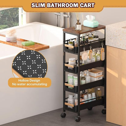 SUNALLY Slim Storage Cart with Pull-Out Baskets, 5-Tier Rolling Kitchen Cart with Wooden Top & Lockable Wheels, Narrow Space Utility Cart Organizer for Kitchen, Bathroom, Laundry Room, Black