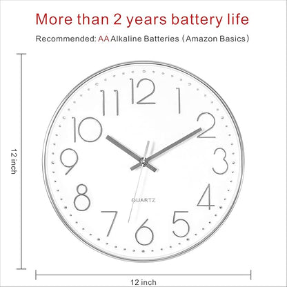 Foxtop Silver Wall Clock Silent Non-Ticking Battery Operated Round Modern Wall Clock for Office School Home Living Room Bedroom Bathroom Kitchen Decor 12 inch