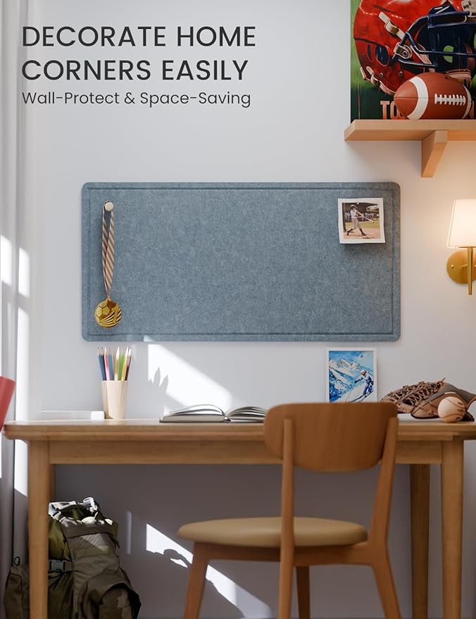 Fluxynara Bulletin Board, 35" x 17.5" Cork Board Alternative with 12 Safe Removable Adhesive Tabs, Foldable Felt Pin Board for Home Office, Classroom, Bedroom,Entryway for Walls— Blue Gray