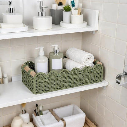 Green Paper Rope Scalloped Basket with Wooden Handles, Decorative Storage Basket for Coffee Table, Bathroom Counter, Shelves & Entryway – 14" x 6.3" x 3.9"