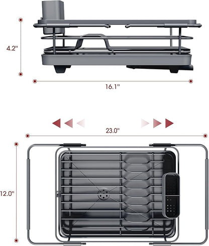 Extendable Dish Drying Rack Over Sink with Dish Drainer, Sink Organization and Storage Essentials with Silverware & Utensil Holder, Home and Apartment Decor, 12" W x 16.1~23" L, Gray