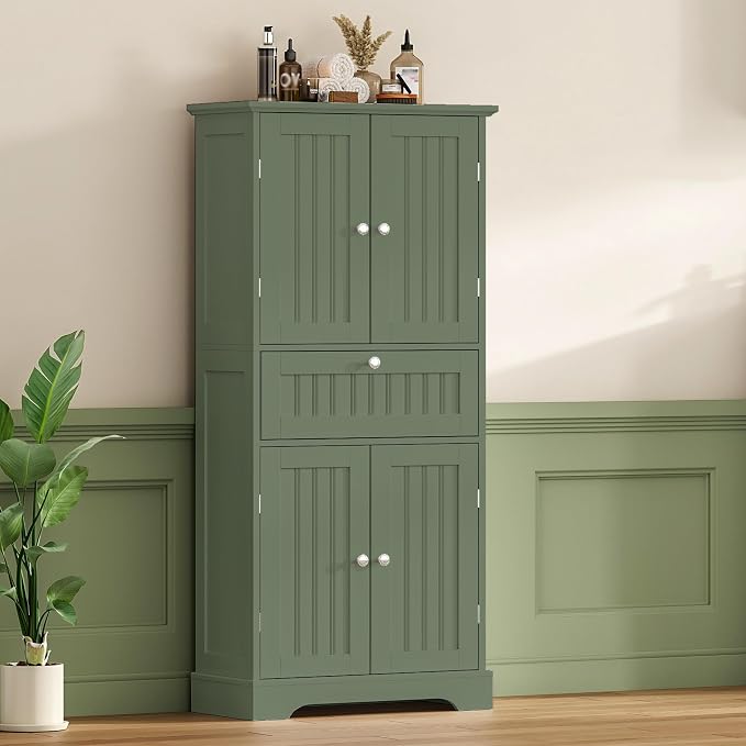 ChooChoo 51" H Tall Bathroom Floor Cabinet, Modern Bathroom Storage Cabinet with Drawer and Adjustable Shelves, Freestanding Kitchen Pantry Cupboard with 4 Doors for Living Room, Green