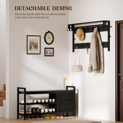 Lulive Hall Tree with Bench and Shoe Storage, 39.4” Entryway Bench with Coat Rack freestanding, 5 in 1 Entryway Furniture Organizer Large Coat and Shoe Rack with 21 Hooks and Drawers, Black