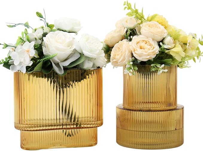 Amber Glass Vases, Set of 2 Ribbed Vases for Flowers, Amber Vase for Tulips, Modern Glass Vase for Living Room, Dining Table, Office, Entryway, Mantle, Bookshelf, Wedding Gifts