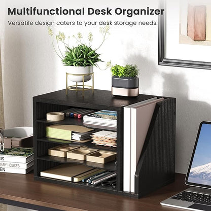 Creso hom Mail Sorter, File Organizer Desktop, Wood Desk Organizer with 3 Adjustable Shelves, Mail Holder for Office, Home, Letter Sorter File Holders for Envelopes, Mail Supplies Magazines, Black