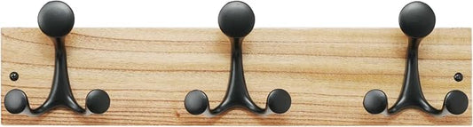SKOLOO 17-Inch Wood Coat Rack Wall Mount with 3 Triple Hooks - Ideal for Family Entrances, Classrooms, and Pet Supplies Storage - Perfect Coat Hooks for Wall, Black on Natural