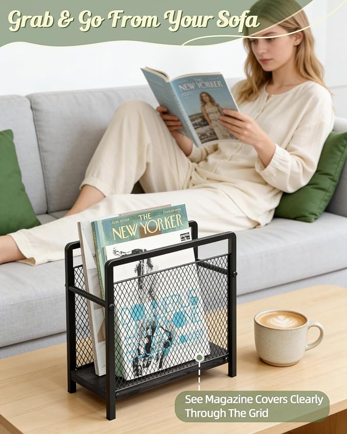Magazine Holder, Magazine Rack Floor, Metal Mesh with Wood Base Magazine Storage Basket, Folder Organizer Bin for Books, Newspapers, Mails, Files, Black