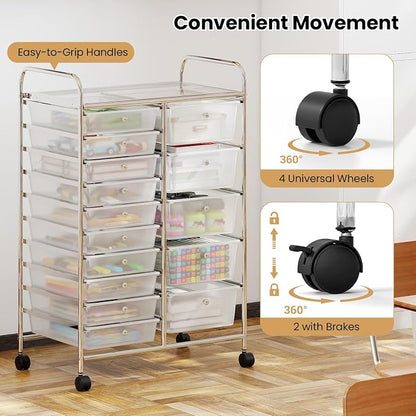 Giantex 15 Drawer Rolling Cart with Drawers, Storage Organizer Cart for Classroom Office School Teacher, Mobile Drawer Cart for Tools, Crafts, Small Printer, Clear