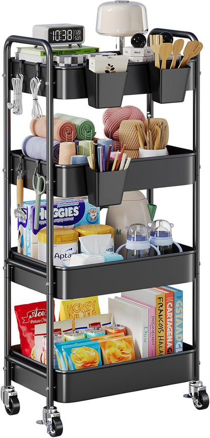 4 Tier Rolling Cart Metal with Wheels, Black Four Tiered Rolling Storage Cart on Wheels, Utility Roller Carts Organizer for Art, Craft, Baby Diaper Caddy, Snack, Book, Large-Capacity Shelving Units