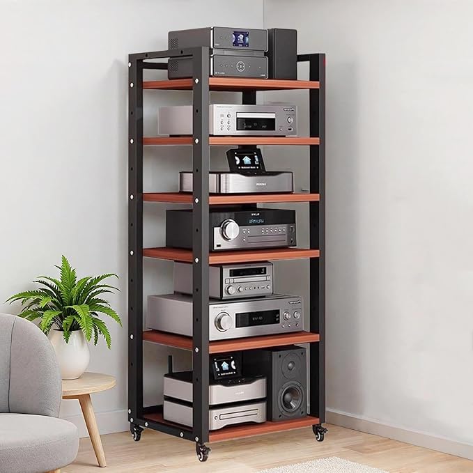 6 Tier AV Media Stand, 55in Audio Rack Tower Stereo Components Cabinet, Home Theatre CD Record Player Stereo Receiver Equipment Rack with Adjustable Wood Shelves, Load 400lbs (Teak Brown)