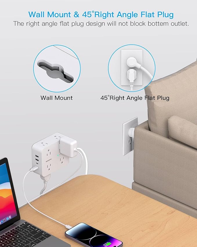 Extension Cord 10 Ft, HANYCONY Surge Protector Power Strip with 8 Widely Outlets 4 USB Ports (2 USB C), 3-Side Outlet Extender Strip, Wall Mount, Ideal for Home Office College Dorm Room Essentials