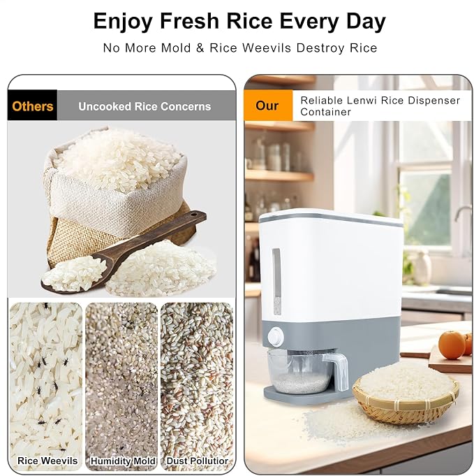 Rubtlamp 22.5-25 Lbs Gray Rice Dispenser, Rice Container with Lid, Rice Storage Container with Measuring Cup, Food Dispenser Rice Container, Storage Container for Cereal, Household Rice Bucket