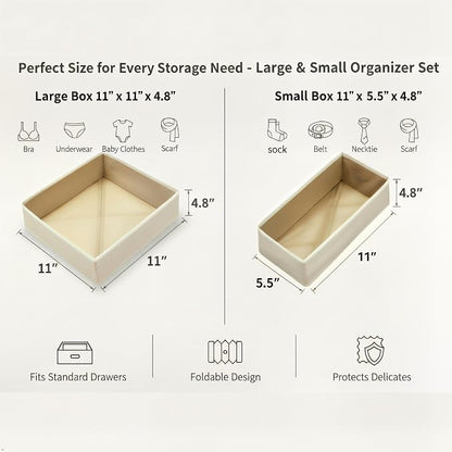 Underwear Drawer Organizer, 2 Pack, Khaki | Foldable Fabric Storage Bins, For Dresser & Closet, Sock and Bra Dividers, 2 Sizes, Bedroom Organization