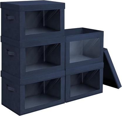 Homsorout Stackable Storage Bins with Lids - Large Decorative Basket with Lids, Fabric Foldable Closet Organizer Bins, Shelf Organizer for Living Room, Dorm, 5 Pack, Navy Blue