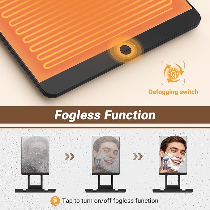 Heated Fogless Shower Mirror for Shaving, 5000mAh Long-Lasting Anti-Fog Shower Mirror with 360° Rotating Design & Razor Holder, Fog-Free Shaving Mirror for Men (Black)