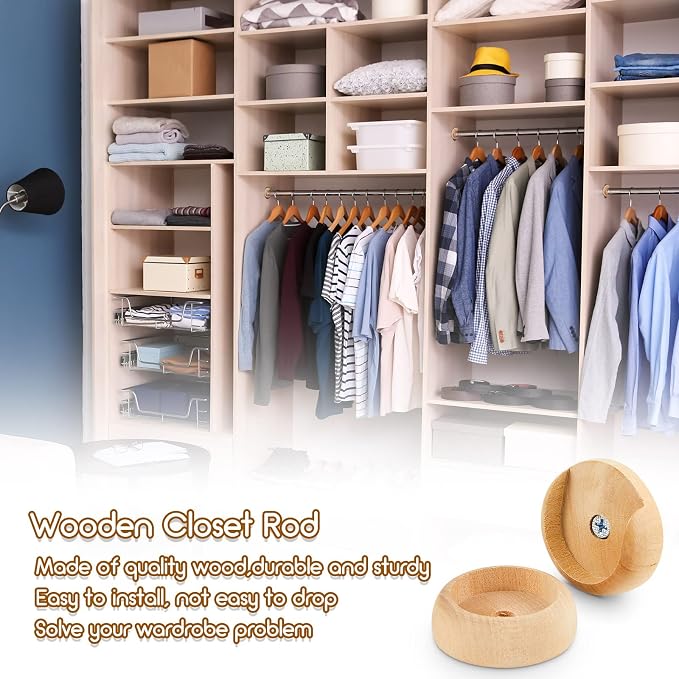 Yookeer 4 Pack Wooden Closet Pole Sockets 1-3/8" Closet Rod Holders Pole Holders for Wardrobe Hallway Bathroom Curtain Clothing Store(Wood Color)