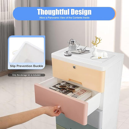 Plastic Dresser for Bedroom with 5 Drawers,Stackable Vertical Storage Tower, Small Dresser Chest of Drawers, Mobile Drawer Storage Cabinet with Wheels for Hallway Entryway,Bedroom Furniture (Macaron)