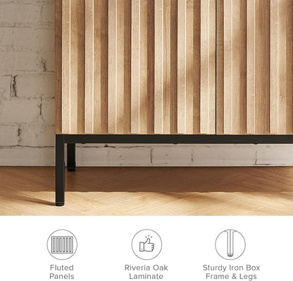 mopio Norwin Storage Cabinet, Sturdy Modern Rustic Industrial Buffet Sideboard, Fluted Accent Storage Cabinets, Credenza, Oak Wood TV Stand, Entertainment Center, Media Console, Living Room (Single)