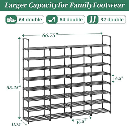 Simple Trending 8-Tier Shoe Rack Large Capacity 64 Pairs Tall Shoe Shelf, Sturdy Metal Shoe Organizer for Entryway, Closet, Bedroom, Black