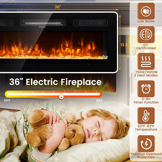 MXV 78" Fireplace TV Stand with Power Outlet for TVs UP to 90", Electric Fireplace Entertainment Center with LED Lights & Storage Cabinets, TV Console for Living Room, Office, Black-Black