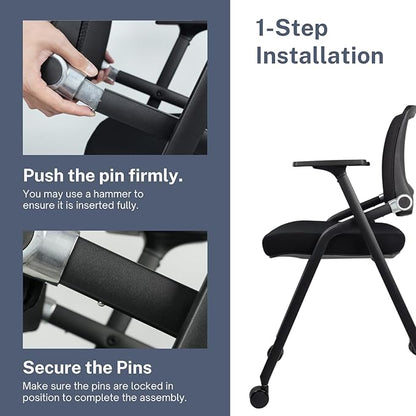 2 Pack Foldable Office Chairs with Wheels, Mesh Back, Arms and Portable - Folding Office Chairs for Conference Room Chair, Office Guest & Reception & Meeting Chair - (Black) 300 lbs.