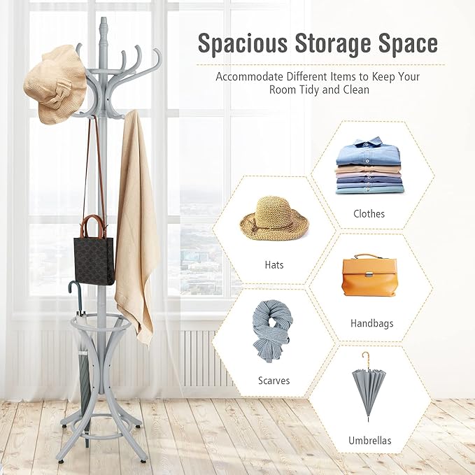 Tangkula 75.5" Standing Coat Rack, Wood Coat Tree with 12 Hooks, Home Hat Jacket Hanger Tree 12 with Umbrella Holder Coat Stand (Grey)