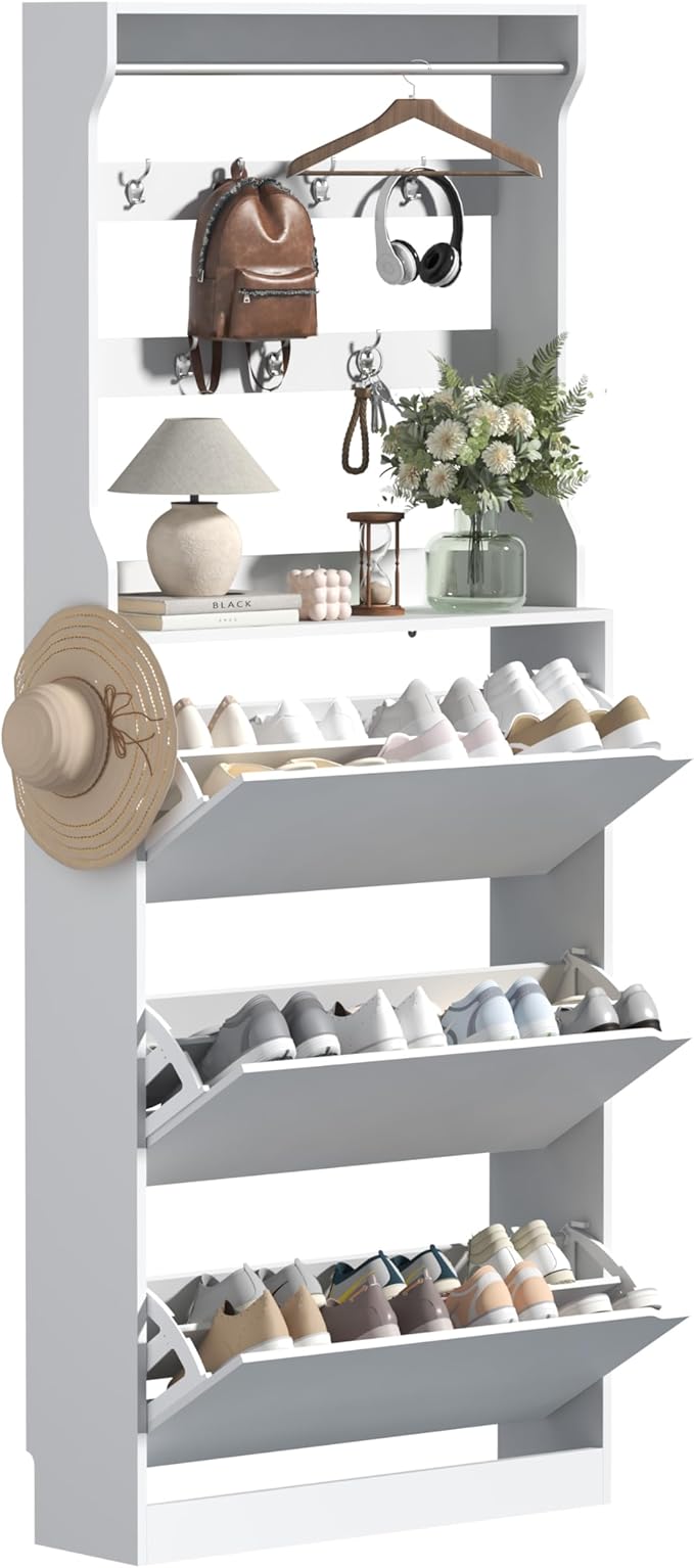 Tall Shoe Cabinet with Coat Rack, Hidden Shoe Storage Cabinet with Doors & Drawer, Hanging Bar & Hooks, Slim Narrow Freestanding Shoe Rack Organizer for Entryway, Hallway & Living Room, White