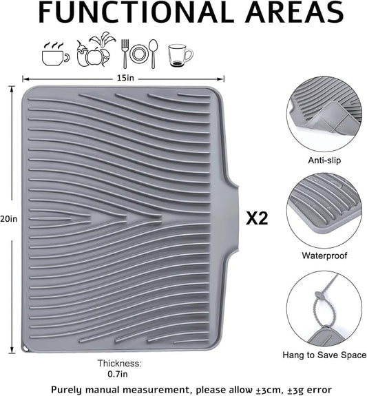 TIKNIK Silicone Dish Drying Mat for Kitchen Counter - Heat Resistant & Non-Slip Dish Drain Pad with Built-In Drain, Dishwasher Safe, Quick-Dry, Hangable & Roll-Up for Storage, Grey-2pcs, 20" x 15"