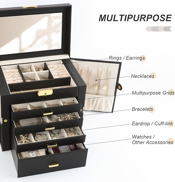 Large Jewelry Organizers and Storage, Jewelry Box for Women 5 Layers Jewelry Organizer, Large Jewelry Boxes & Organizers for Women, Black