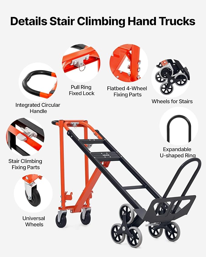 VEVOR 3 in 1 Industrial Convertible Stair Climbing Cart, 770 lbs Max Load, Folding Hand Truck Dolly with Handle & Wheels, Stair Climbing Utility Trolley for Transport & Moving, Orange & Silver