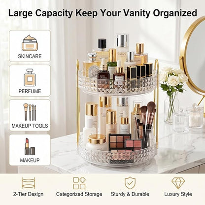 Fangoo 2 Tiers Clear Rotating Makeup Organizer for Vanity, 360 Spinning Skincare Organizers for Dresser Perfume Organizer Large Skincare Make up Storage Cosmetic Organizer for Bathroom Countertop