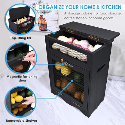 Ikee Design Free Assemble Wooden Countertop Potato and Onion Storage Bin Box, Countertop Cabinet, Wooden Bread Boxes, Potato Storage, Coffee Station,11.8W x 6.8D x 16H in, Black Color