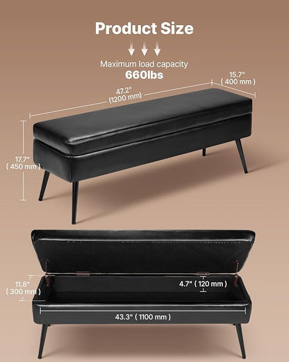 VEVOR Leather Storage Ottoman Bench, PU Leather Bench with Storage and Metal Legs, Modern Shoe Benches Seat for Entryway, Upholstered End of Bed Benches for Living Room, Dining Room, Hallway, Black
