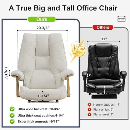 Big and Tall Executive Office Chair with Footrest, 400LBS Capacity Ergonomic High-Back Desk Office Chair with Lumbar Support, Padded Armrests & Thick Cushion, White PU Leather Chairs
