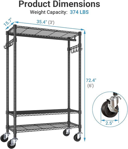 VIPEK R3C Rolling Clothes Rack with Cover Portable Closet for Hanging Clothes, Heavy Duty Garment Rack Freestanding Racks with Wheels&Side Hooks, Black Rack with Black Upgraded Polyester Cover
