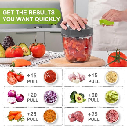 Manual Food Processor Vegetable Chopper, Portable Hand Pull String Garlic Mincer Onion Cutter for Veggies, Ginger, Fruits, Nuts, Herbs, etc., 900ml-Gray
