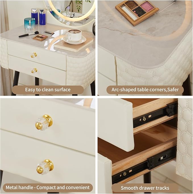 Makeup Vanity with Round Mirror,Light,Two Drawers,Cushioned Stool Set.Small Dressing Table for bedrooms and Dressing Rooms.White